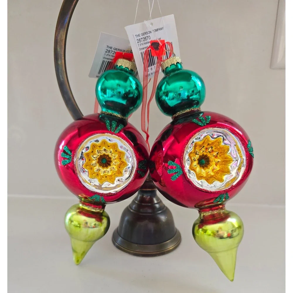 The Gerson Co Set of 2 Red Green Gold Glass Reflector Finial Ornaments 7 in New